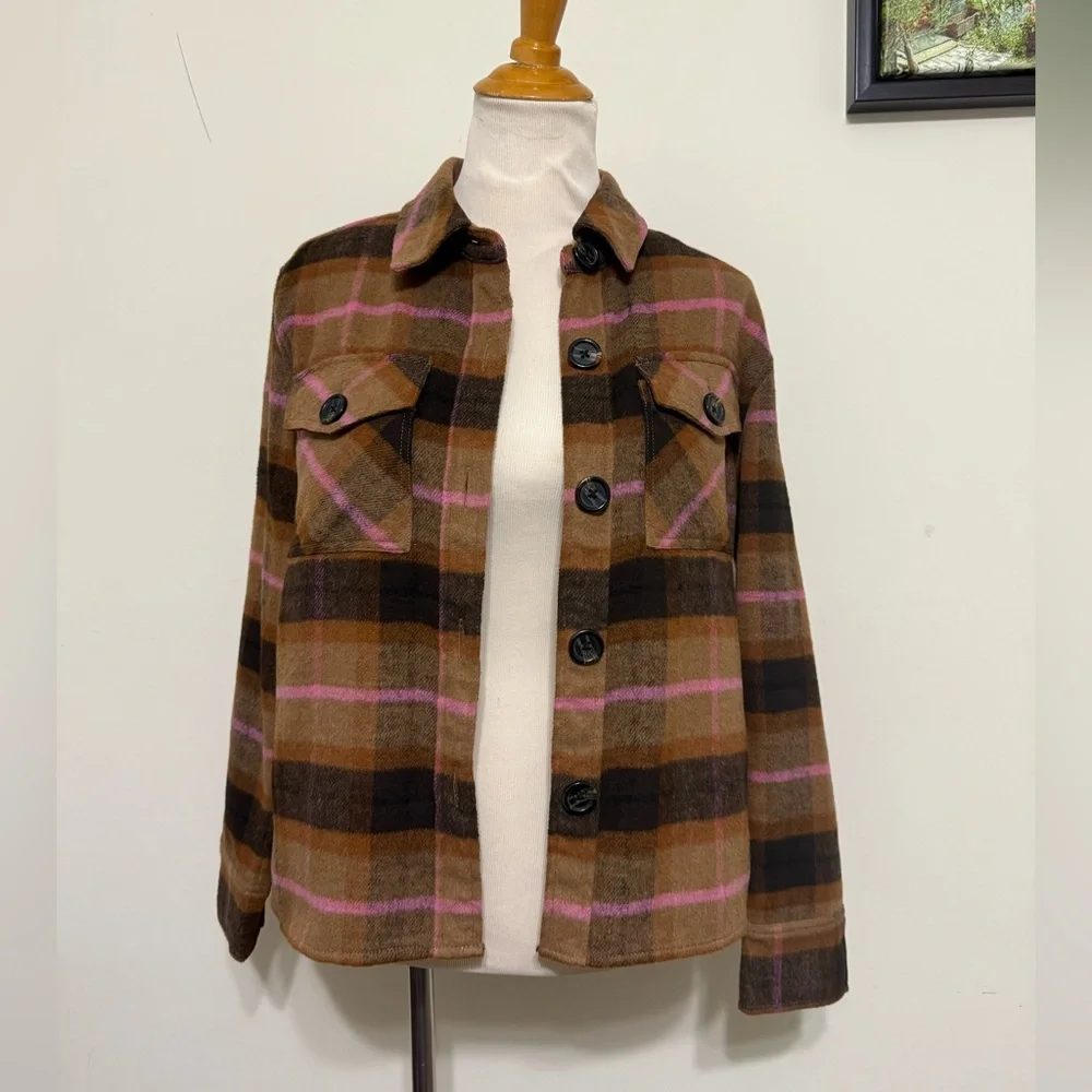 BB Dakota Plaid Jacket Boxy Shacket by Steve Madden Brown Pockets Women’s Size S